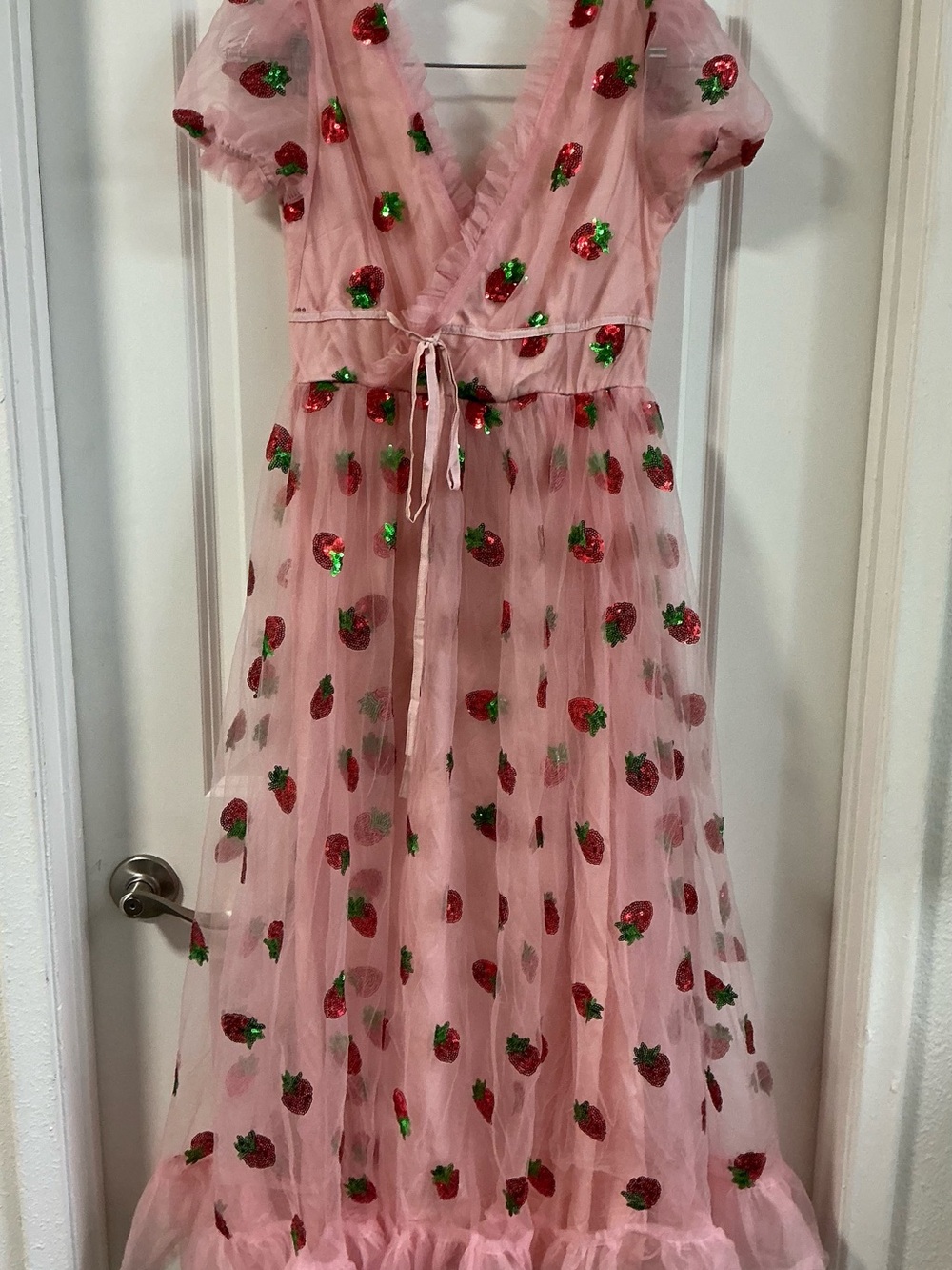 Pink Strawberry Tulle Dress Sequin Puff Sleeve Ruffle Midi Maxi Cottagecore XS/S